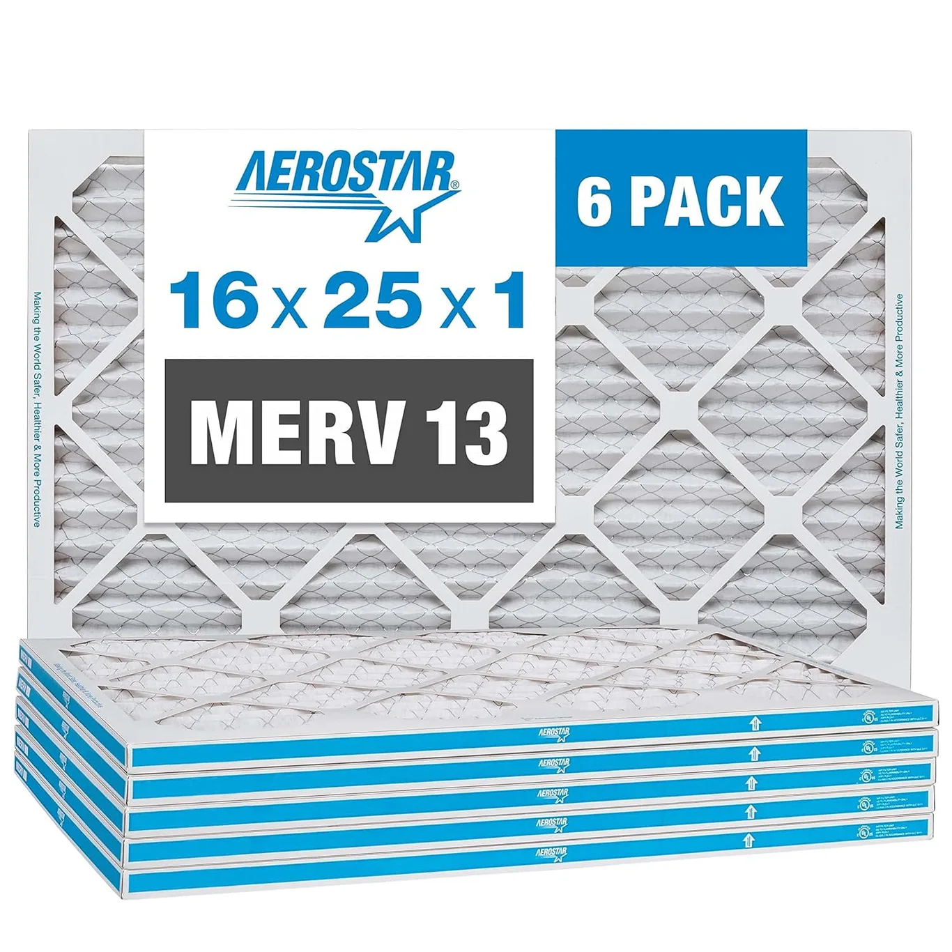 16x25x1 AC & Furnace Air Filter by Aerostar | Model: 16X25X1 M13 | MERV 13 | Box of 6