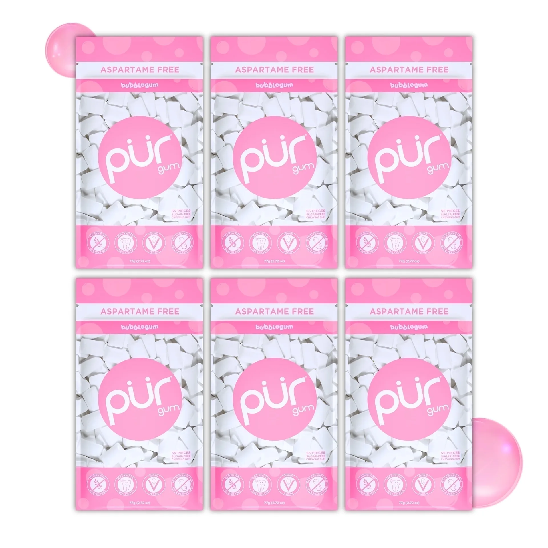 PUR Gum | Aspartame Free | Sugar Free and 100% Xylitol | Bubblegum Chewing Gum | 55 Pieces | Pack of 6 | 55 Pieces (Pack of 6) | Single