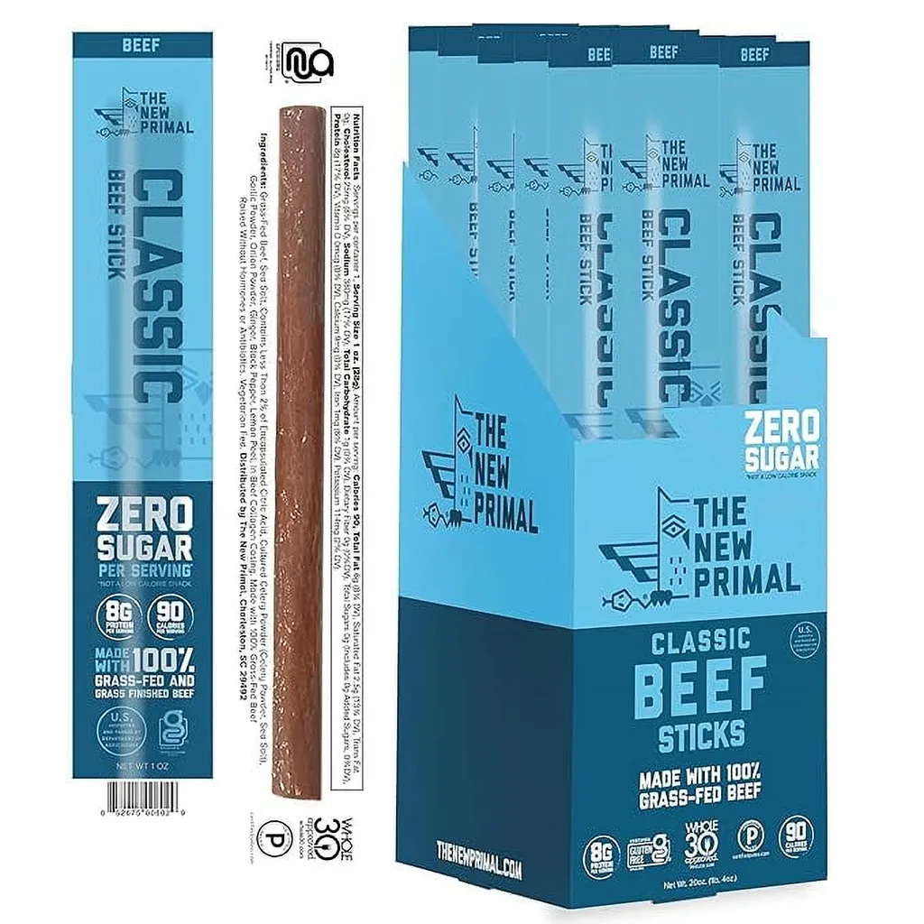 The New Primal Classic Beef Meat Stick | Whole30 Approved | Paleo | Keto | Pantry Staple | Certified Gluten Free | Low Carb | High Protein Snack | Sugar Free | Grass-fed Beef | 1 Ounce (Pack of 20)