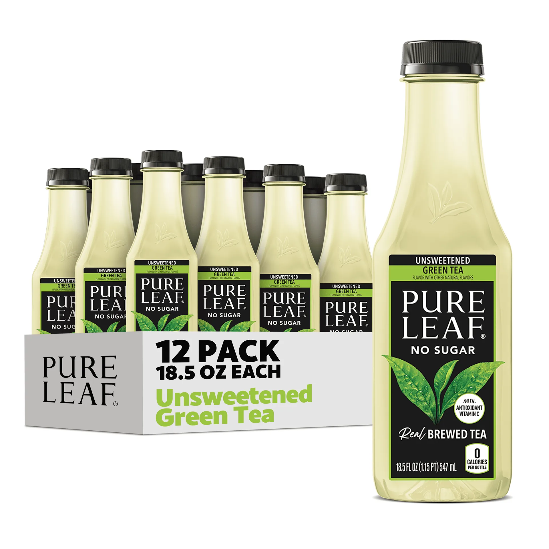 Lipton Pure Leaf Unsweetened Real Brewed Green Iced Tea | 18.5 fl Ounce | 12 Pack Bottles