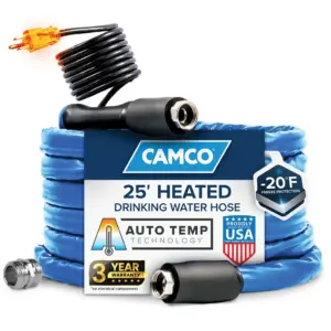 Camco 25-Foot Heated Water Hose for RV | Drinking Water Safe | Blue (22911) | 25' | Freeze Protection to -20F
