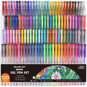 Shuttle Art 120 Unique Colors (No Duplicates) Gel Pens Colored Gel Pen Set for Adult Coloring Books Art Markers (Premium Edition)