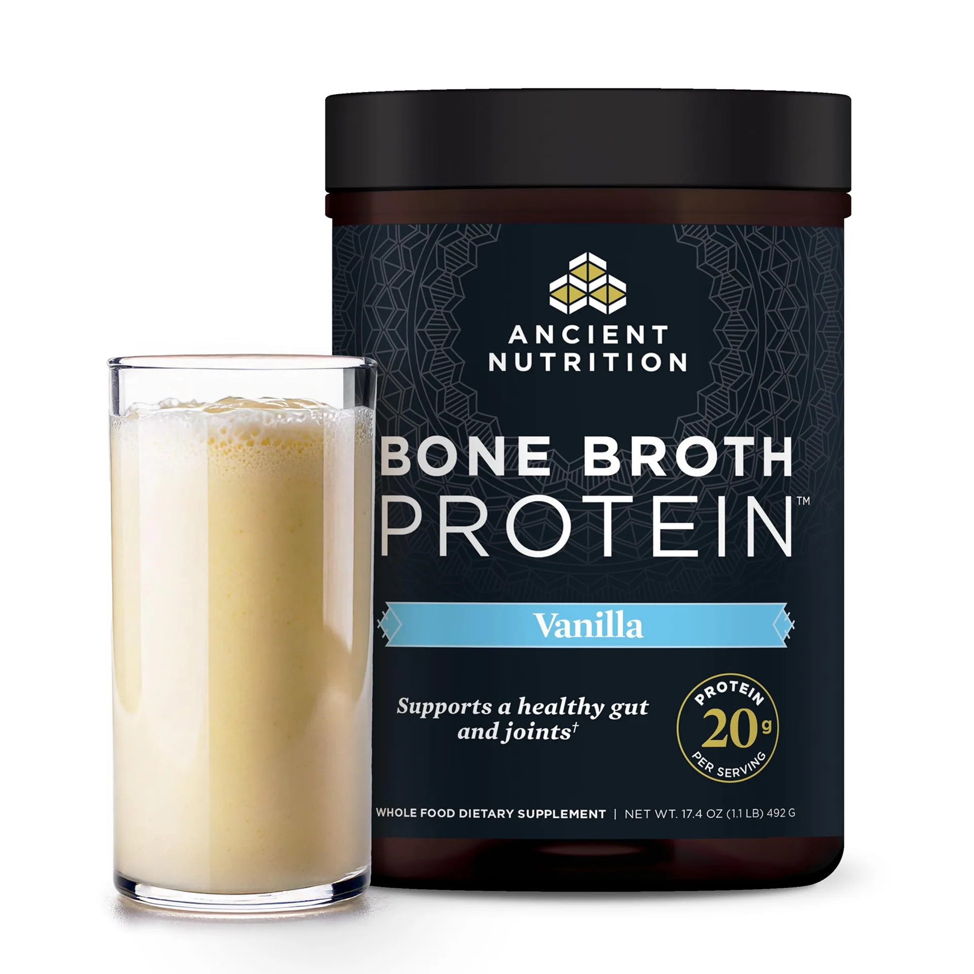 Ancient Nutrition Grass Fed | Cage Free | Bone Broth Protein Powder | 20g Protein | Hydrolyzed Collagen Peptides | Keto and Paleo Friendly | Supports Joint | Gut Health | Vanilla | 20 Servings
