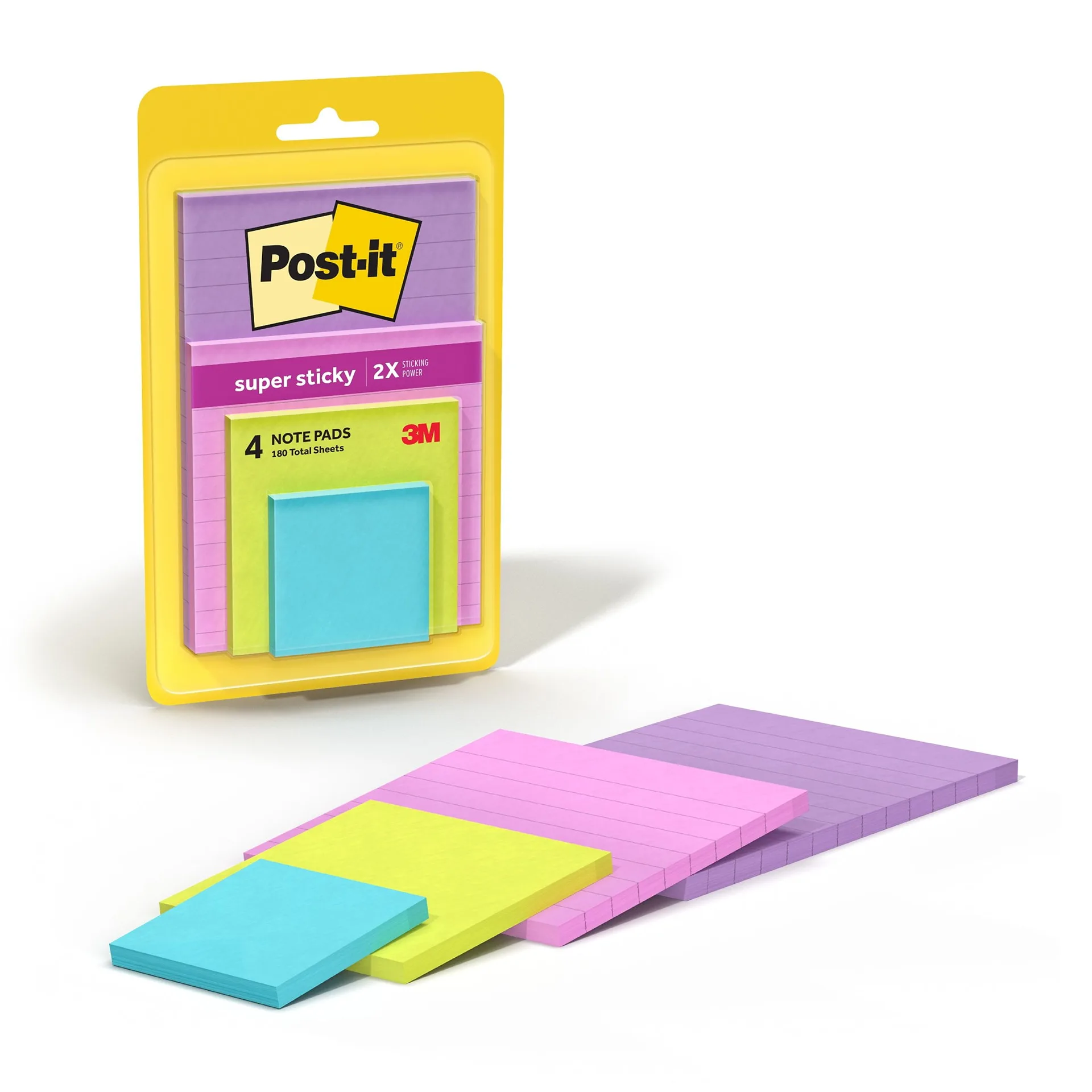(4 pack)Post-it Super Sticky Notes | Assorted Sizes | Supernova Neons | Lined & Unlined | 4 Pads