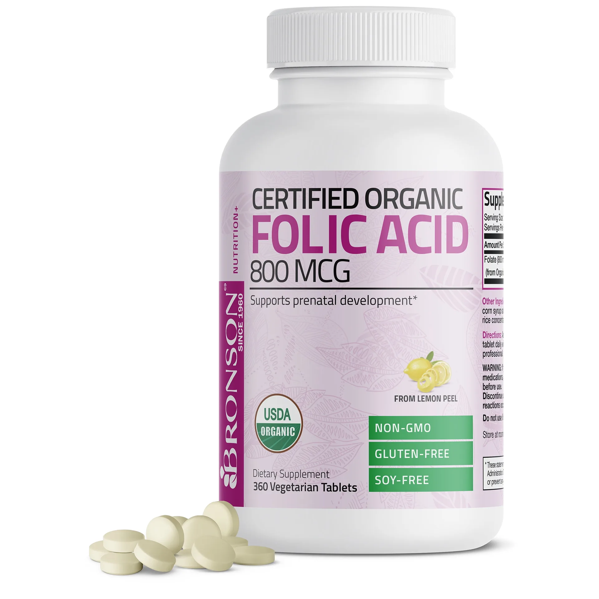 Bronson Organic Folic Acid 800 mg | USDA Certified and Vegetarian | Ultimate Prenatal Vitamin | Prenatal Development | 360 Tablets