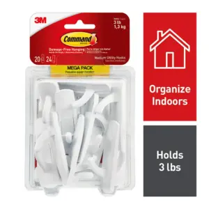 Command Medium Utility Hooks | White | Damage Free Organizing | 20 Hooks & 24 Command Strips
