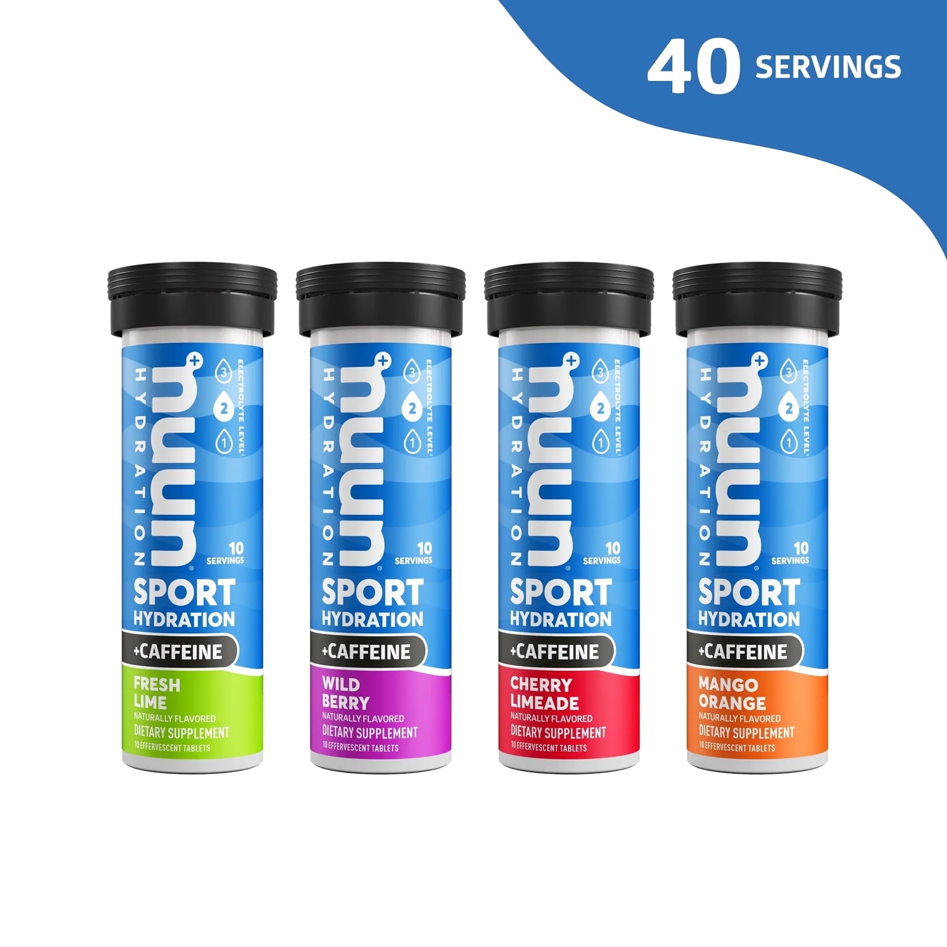 Nuun Sport +Caffeine Electrolyte Tablets for Proactive Hydration | Mixed Flavor | 4 | 10 Count Tubes | Wild Berry | Fresh Lime | Cherry Limeade | Mango Orange