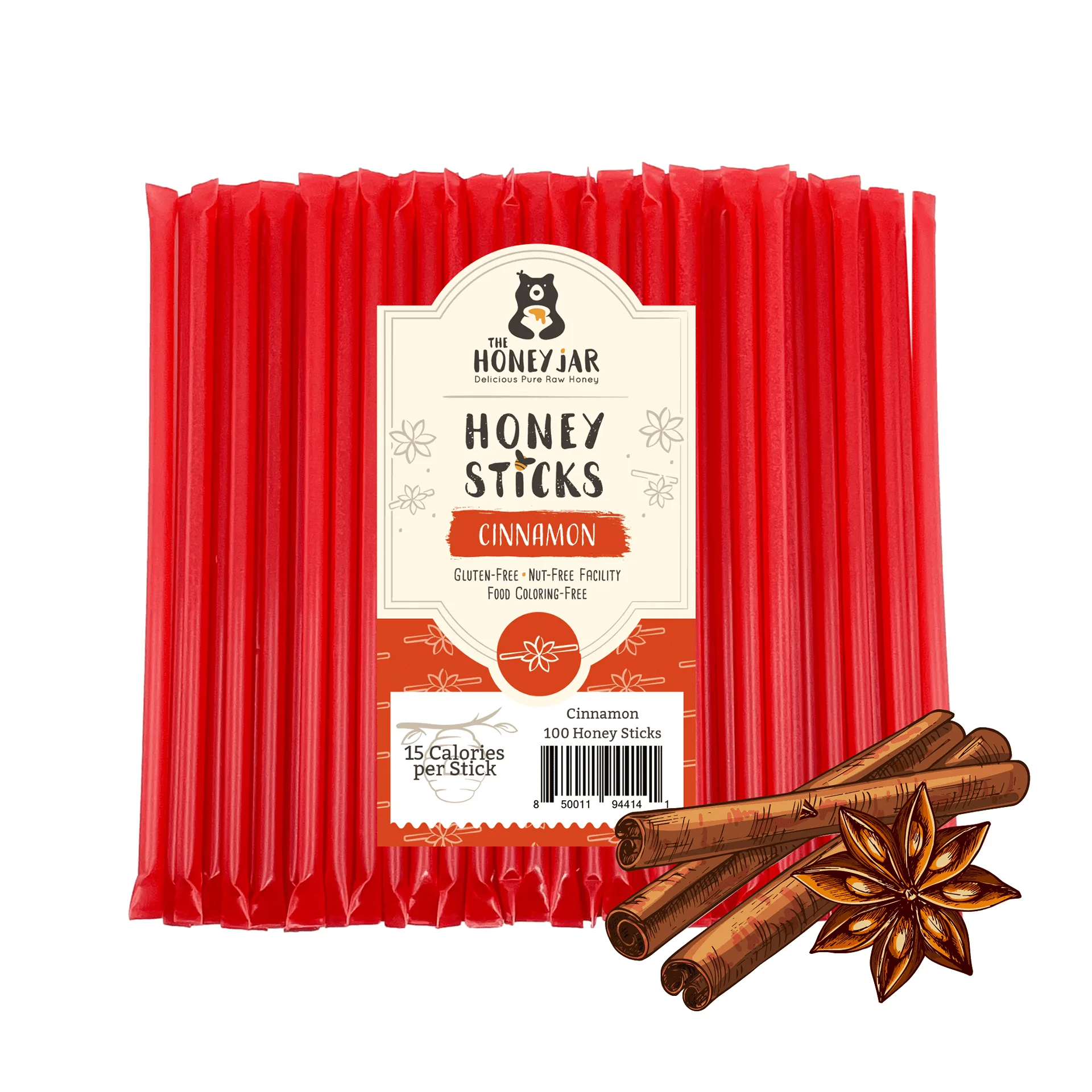 The Honey Jar | Cinnamon Flavored Honey Sticks | 100 Count Package | 100 Sticks