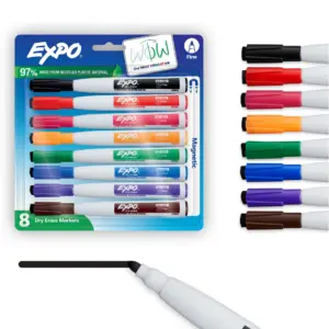 EXPO Magnetic Dry Erase Markers with Eraser | Assorted Colors | Fine Tip | 8 Count | 8 Pack