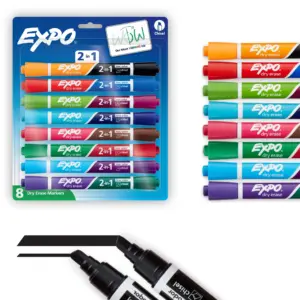 EXPO 2-Inch-1 Dry Erase Markers | Dual-Ended Markers | Assorted Colors | Chisel Tip | 8 Count