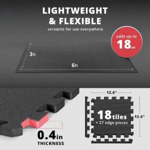 Interlocking Gym Floor Mats | 18pc EVA Foam Puzzle Tiles for Home Gym | Exercise and Play | 12.6x12.6x0.4 Non-Slip Workout Flooring | Garage | Pool and Sports Protection
