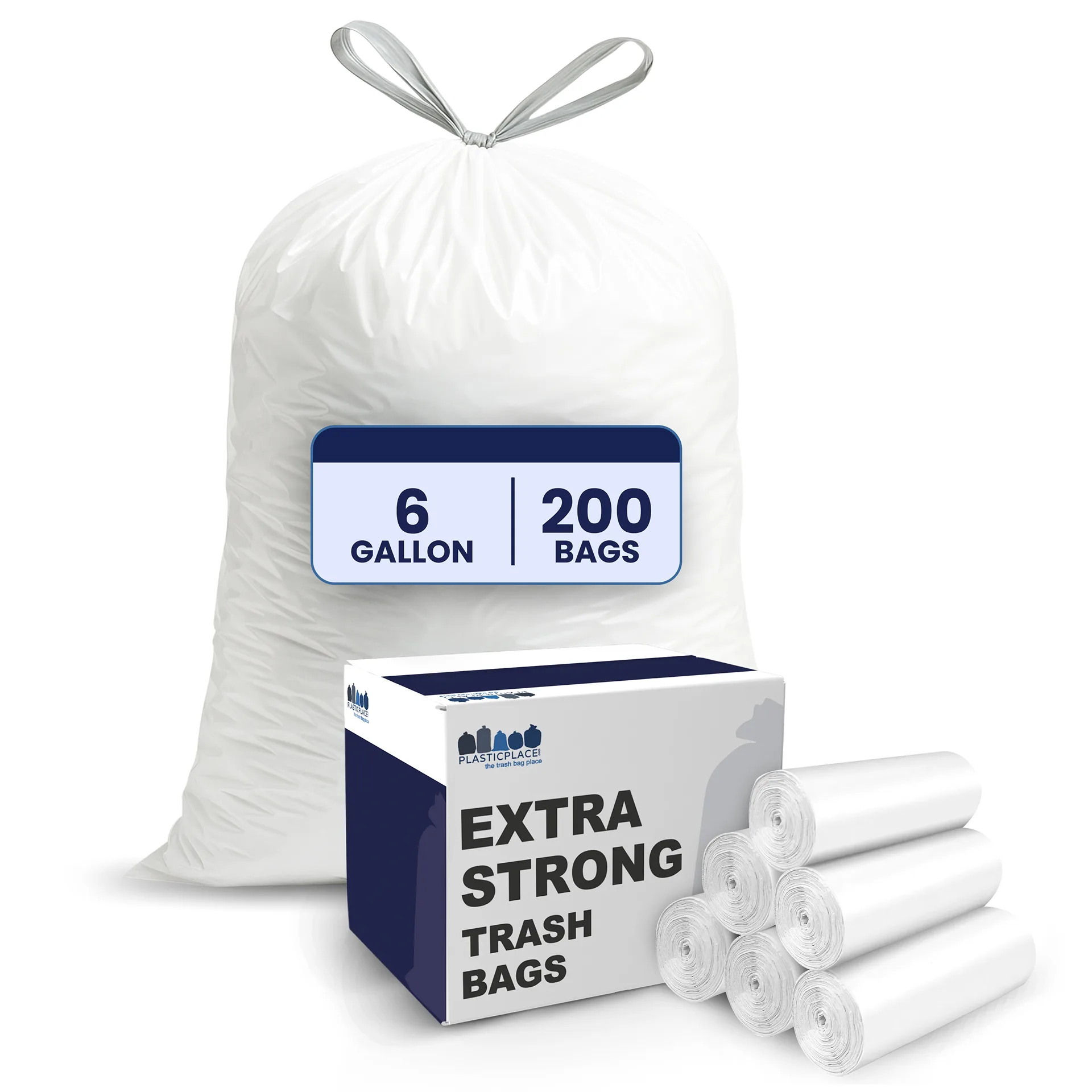 Plasticplace Drawstring 6 Gallon Trash Bags 0.7 Mil 17 x 20 White Garbage Can Liners | 200 Count