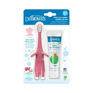 Dr. Brown's Infant to Toddler Training Toothbrush | Pink Elephant + Apple Pear Baby Toothpaste | 0-3Y | Pink and Apple Pear | Pink Elephant with Apple Pear
