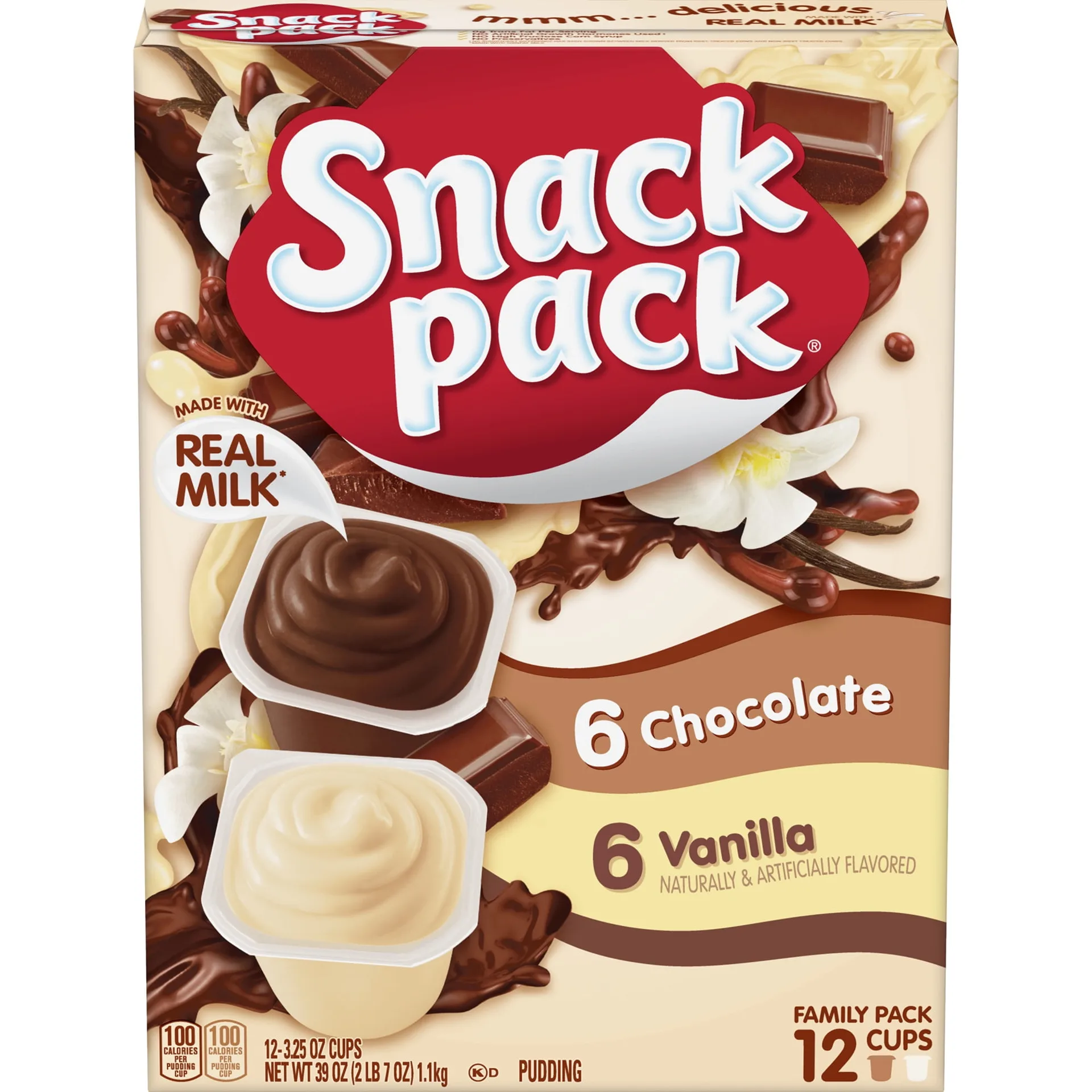 Snack Pack Chocolate Pudding & Vanilla Pudding | Lunchbox Snack | 3.25 Ounce Pudding Cups | 12 Count Family Pack | Single