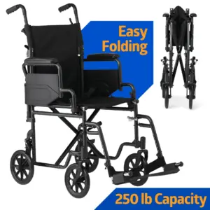 Medline Transport Wheelchair with Permanent Desk Arms | Lightweight | Swing-Away Footrests | 300 lb Weight Capacity | Blue | Cup Holder