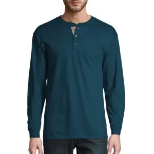 Hanes Men's & Big Men's Beefy Heavyweight Long Sleeve Three-Button Henley | Up To Size 3XL | Petro Teal | Extra Large