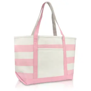 DALIX Striped Boat Bag Premium Cotton Canvas Tote Inch Pink
