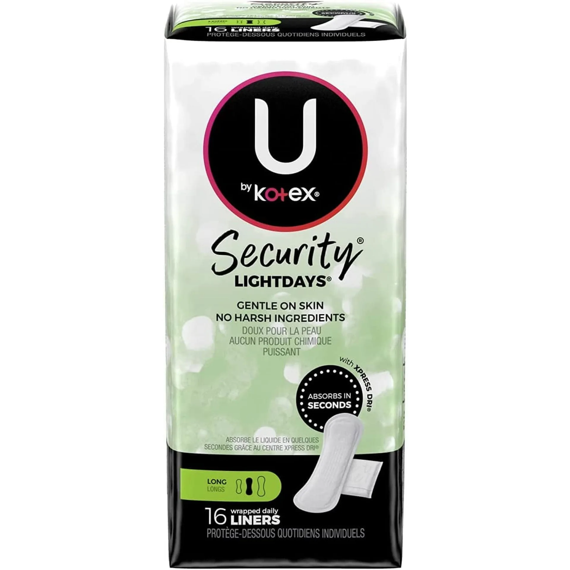 U by Kotex Absorbent Pantiliners | Long | Individually Wrapped | Unscented | New Value Pack Size 16 Count (Pack of 12)