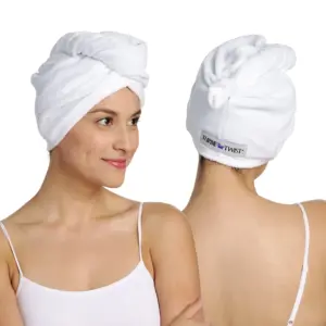 Turbie Twist Microfiber Hair Towel Wrap | For Women | Men and Kids | Travel and Bathroom Essential | Quick Dry Hair Turban for Curly | Long and Thick Hair | 2 Pack (White | White) | One Size Fits Most