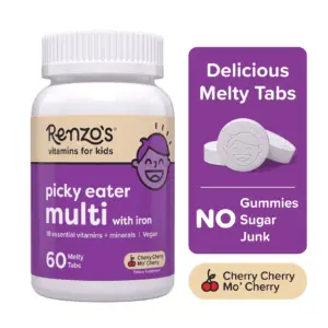 Renzo’s Picky Eater Multivitamin for Kids | Sugar-Free | Vegan Melty Tabs | Immune Support | Cherry Flavor | 60 Count