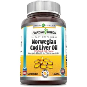 Amazing Omega Norwegian Cod Liver Oil 1250 Mg 120 Softgels Supplement | Orange Flavor | 120 Serving Per Bottle | Omega-3 | EPA | DHA | Vitamin A | Vitamin D and Vitamin E | Fresh Orange