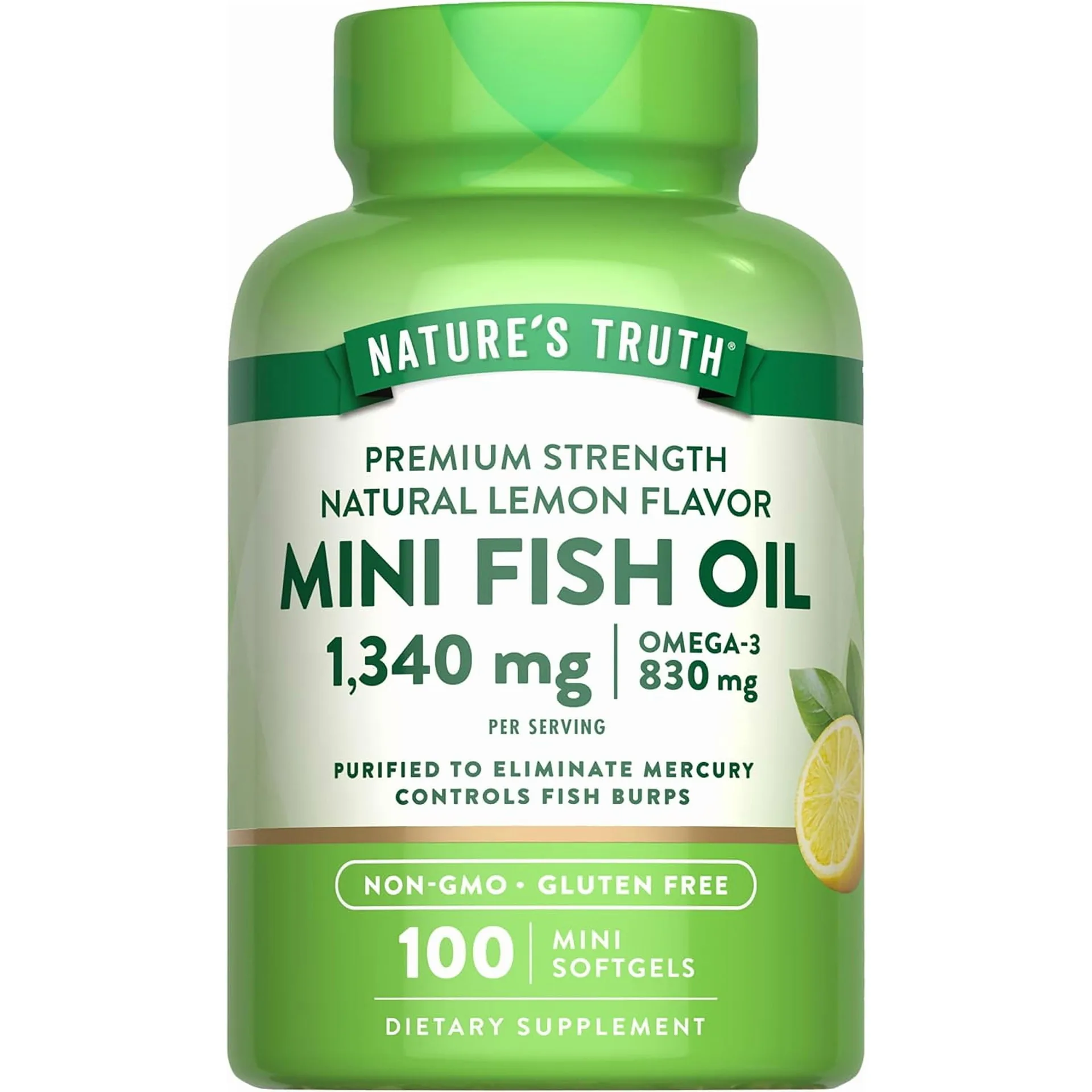 Mini Fish Oil Omega 3 | 1340 mg | 100 Softgels | Burpless Lemon Flavor Pills | Non-GMO. Gluten Free Supplement | by Nature's Truth (Premium Edition)