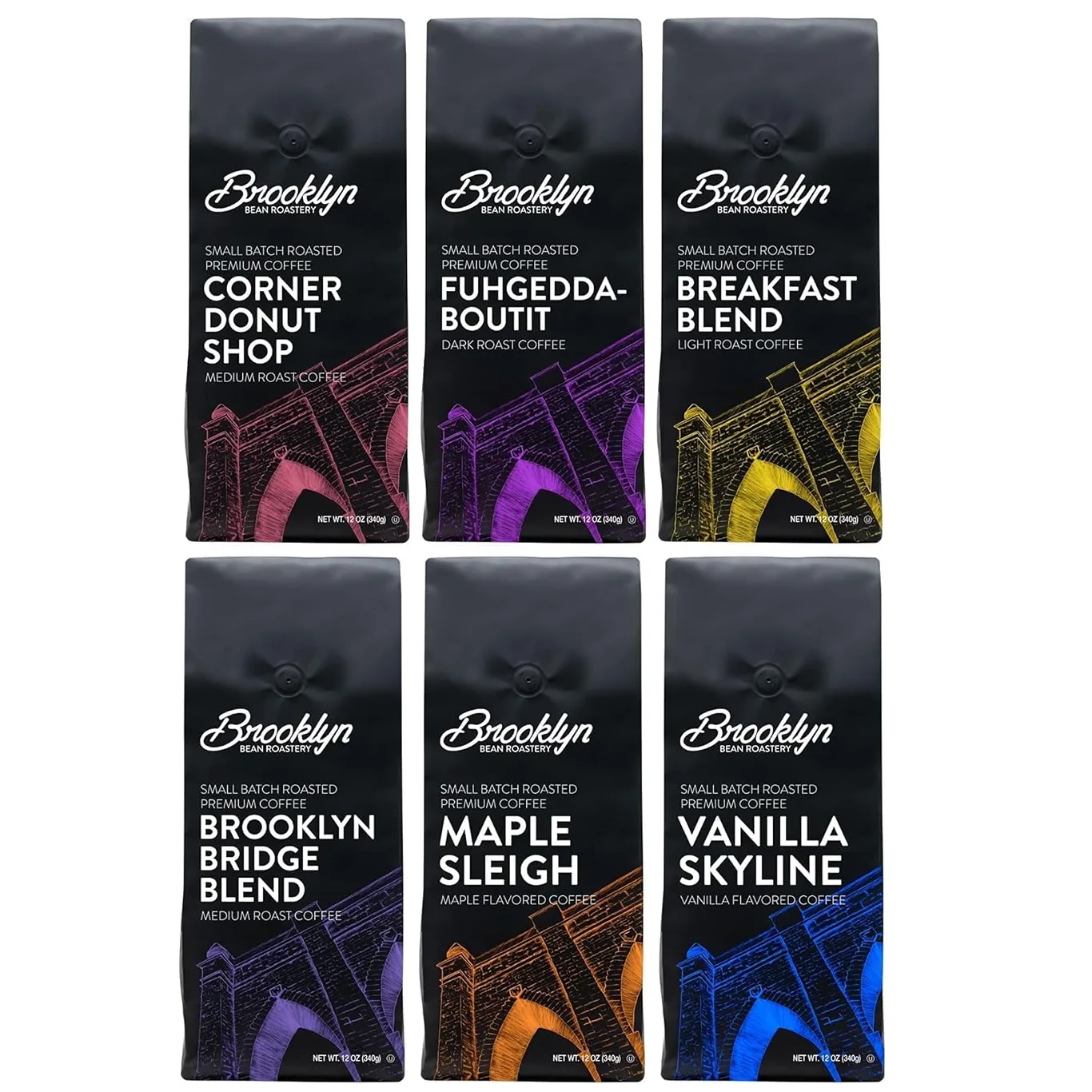 Brooklyn Bean Roastery Ground Coffee Variety Pack | Assorted Gift Sampler | 12 Ounce. 6-Pack | Flavored Coffee Variety