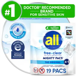 all Mighty Pacs Laundry Detergent Pacs | Free Clear for Sensitive Skin | Unscented & Dye Free | 19 Count | Single