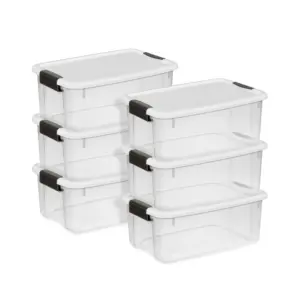 Sterilite 18 Quart Clear Plastic Storage Bin with White Latch Lid | 6 Pack | 18 qt