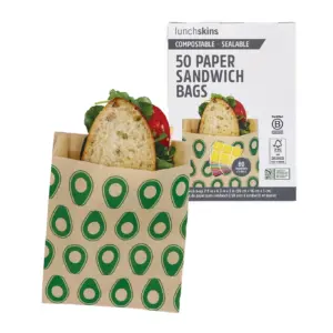Lunchskins Compostable Food Storage Sandwich Bags | Avocado Design | 50 Bags | Eco-Friendly | Recyclable | 1