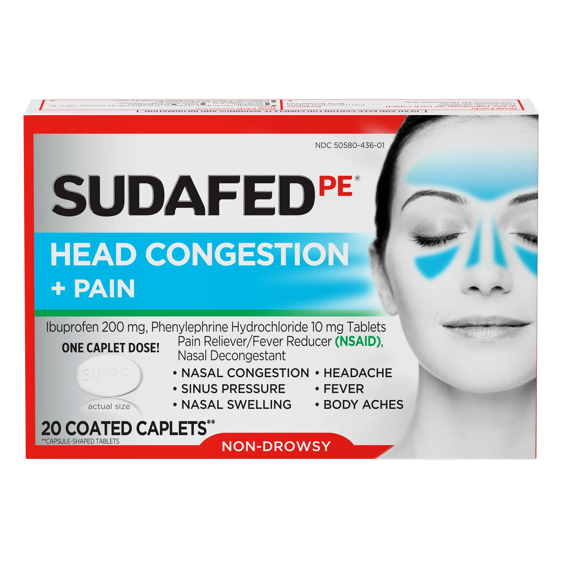 Sudafed PE Non-Drowsy Head Congestion + Pain Relief Caplets | 20 Ct