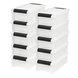 IRIS USA 6 Qt Stackable Plastic Storage Bins with Lids | 10 Pack | Made Inch USA | Discreet Organizing Solution | Latches | Durable Nestable Containers | Secure Pull Handle | Pearl | Off-White | 5.75qt | 10Pk