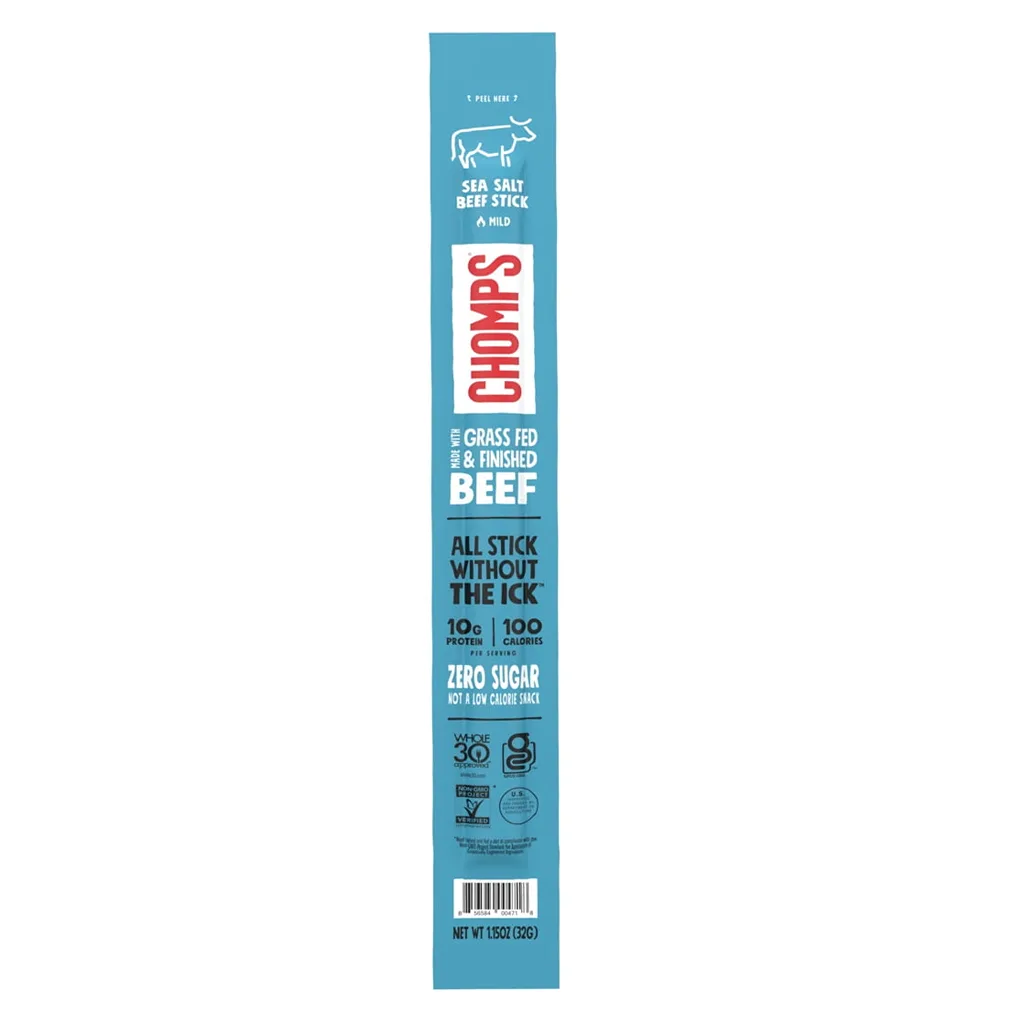 Chomps Grass-Fed & Finished Sea Salt Beef Jerky Snack Stick | 10g of Protein