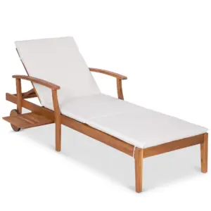 Best Choice Products 79x26in Acacia Wood Outdoor Chaise Lounge Chair w/ Adjustable Backrest | Table | Wheels | Cream