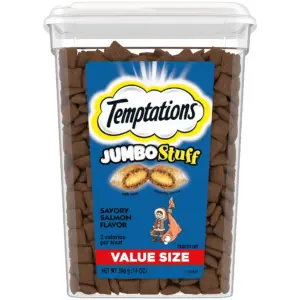 Temptations Jumbo Stuff Savory Salmon Flavor Crunchy & Soft Treats for Cats | 14 Ounce Tub