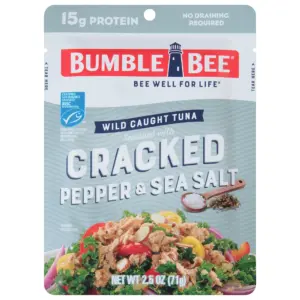 Bumble Bee Cracked Pepper and Sea Salt Seasoned Light Tuna | Wild Caught | Gluten Free | 15g Protein per Serving | Shelf Stable Pouch | 2.5 Ounce | Single