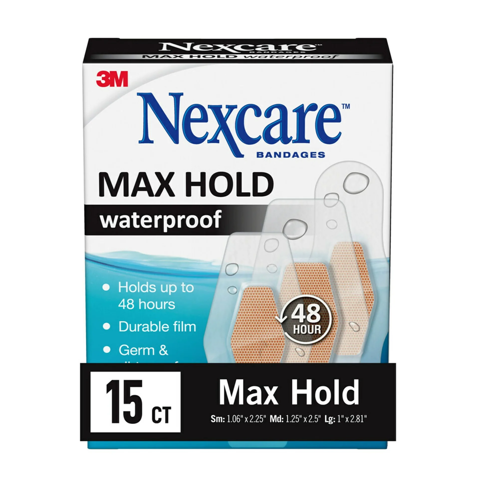 Nexcare Max Hold Waterproof Bandages | Made by 3M | Assorted Sizes | 15 count