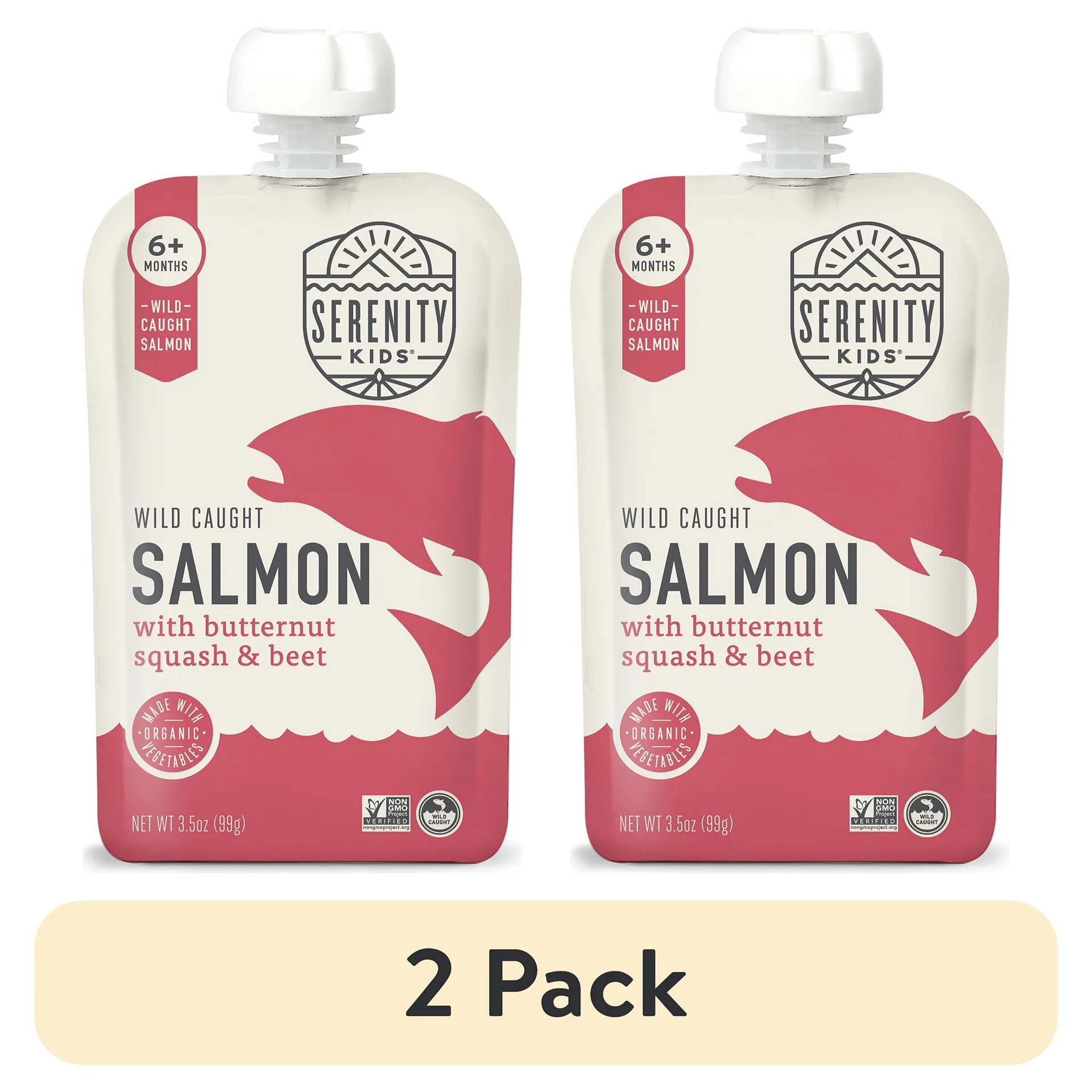 (2 pack) Serenity Kids Wild Caught Salmon Stage 2 Baby Food with Organic Butternut Squash and Beet | 3.5oz Pouch