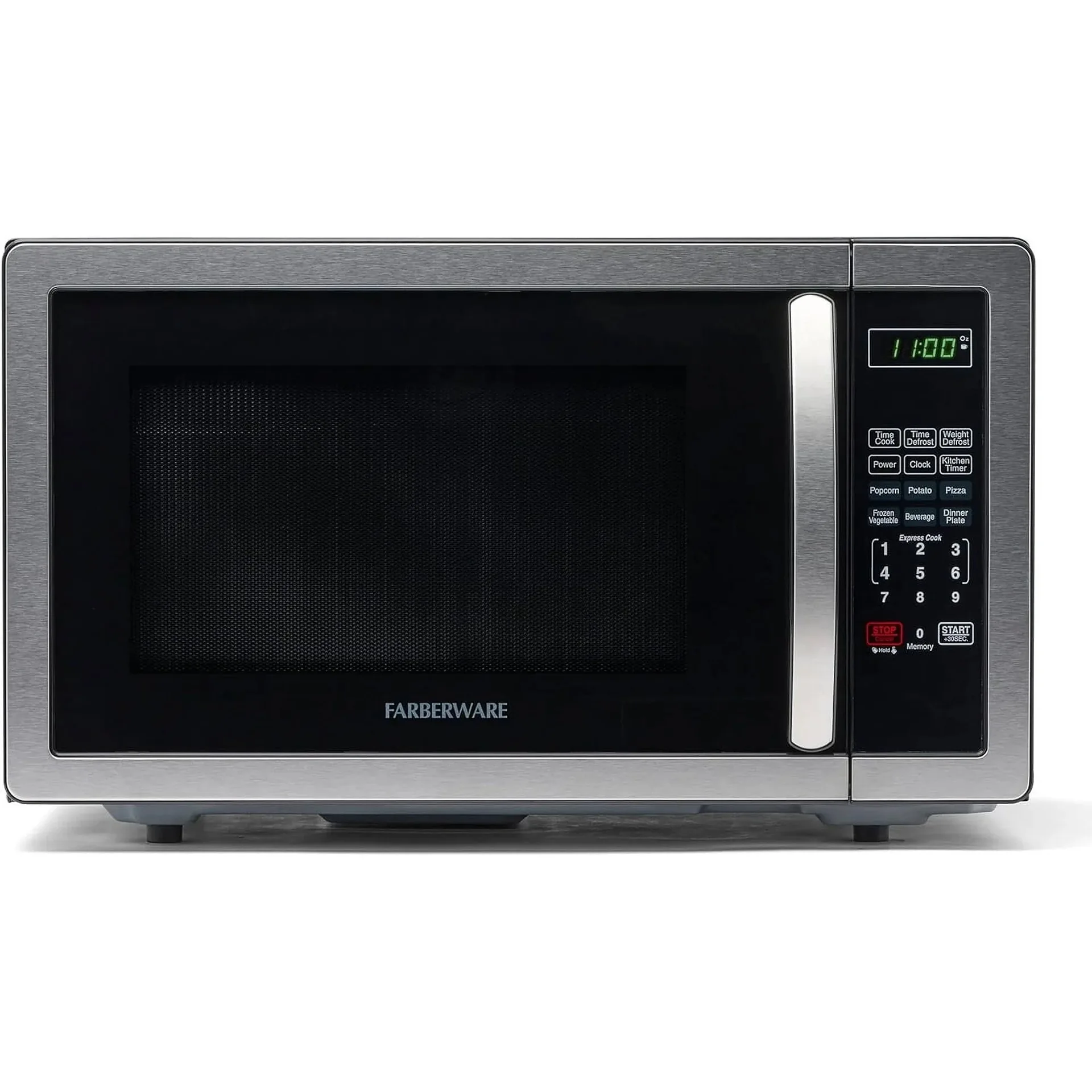 Compact Farberware 0.9 Cu. Ft. Black and Stainless Steel Countertop Microwave – 900W Power | Child Lock | Defrost | and Auto Cook Menu Settings