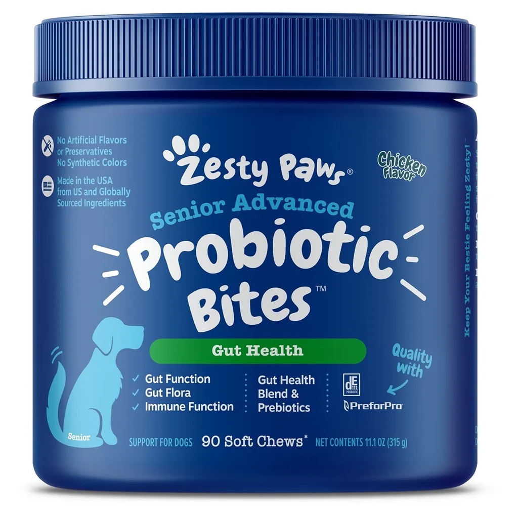 Zesty Paws Senior Advanced Probiotic Bites for Dogs | for Gut and Digestive Health | Chicken Flavor 90 ct Soft Chews