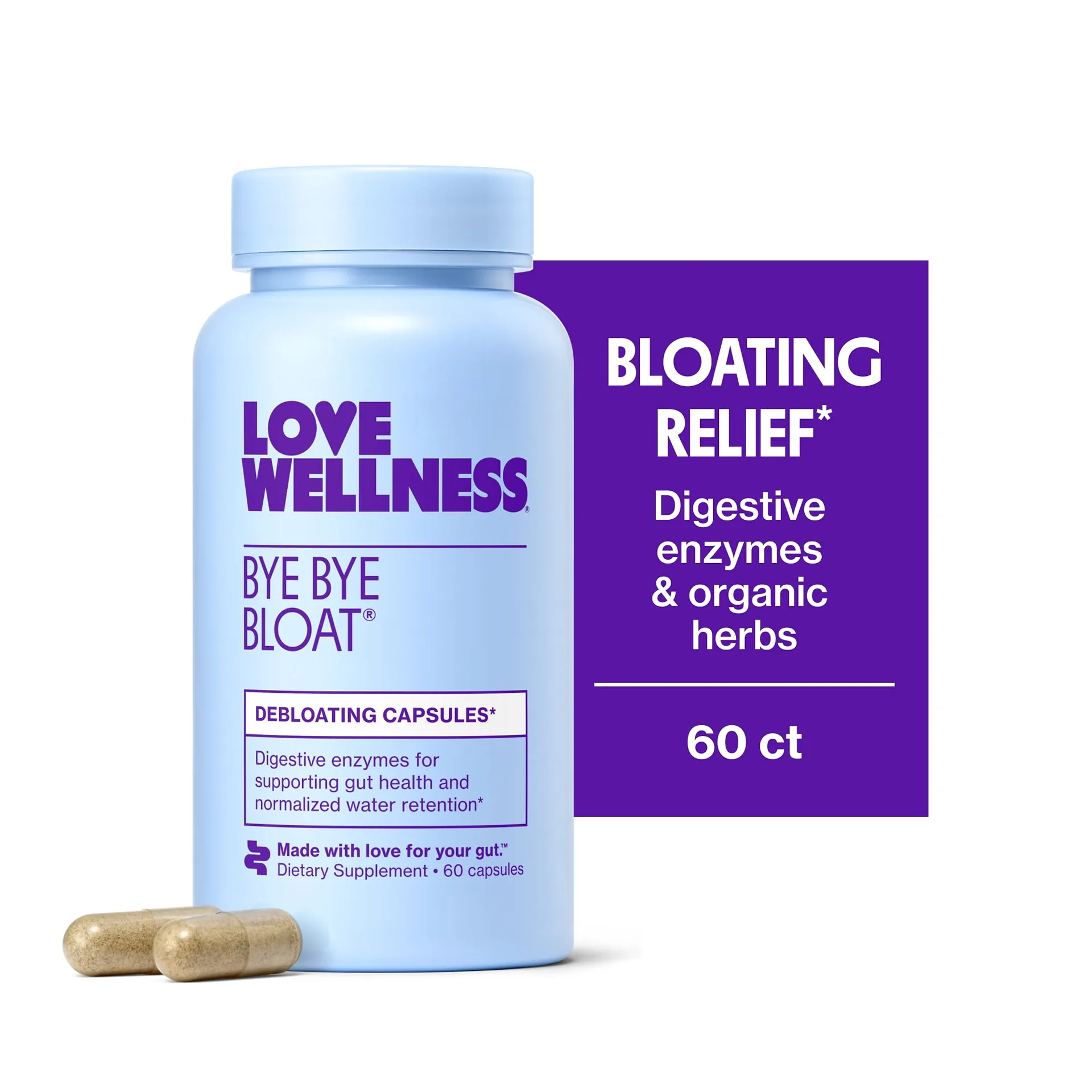 Love Wellness Bye Bye Bloat | Bloating Relief for Women | Debloating Capsules | 60 Count
