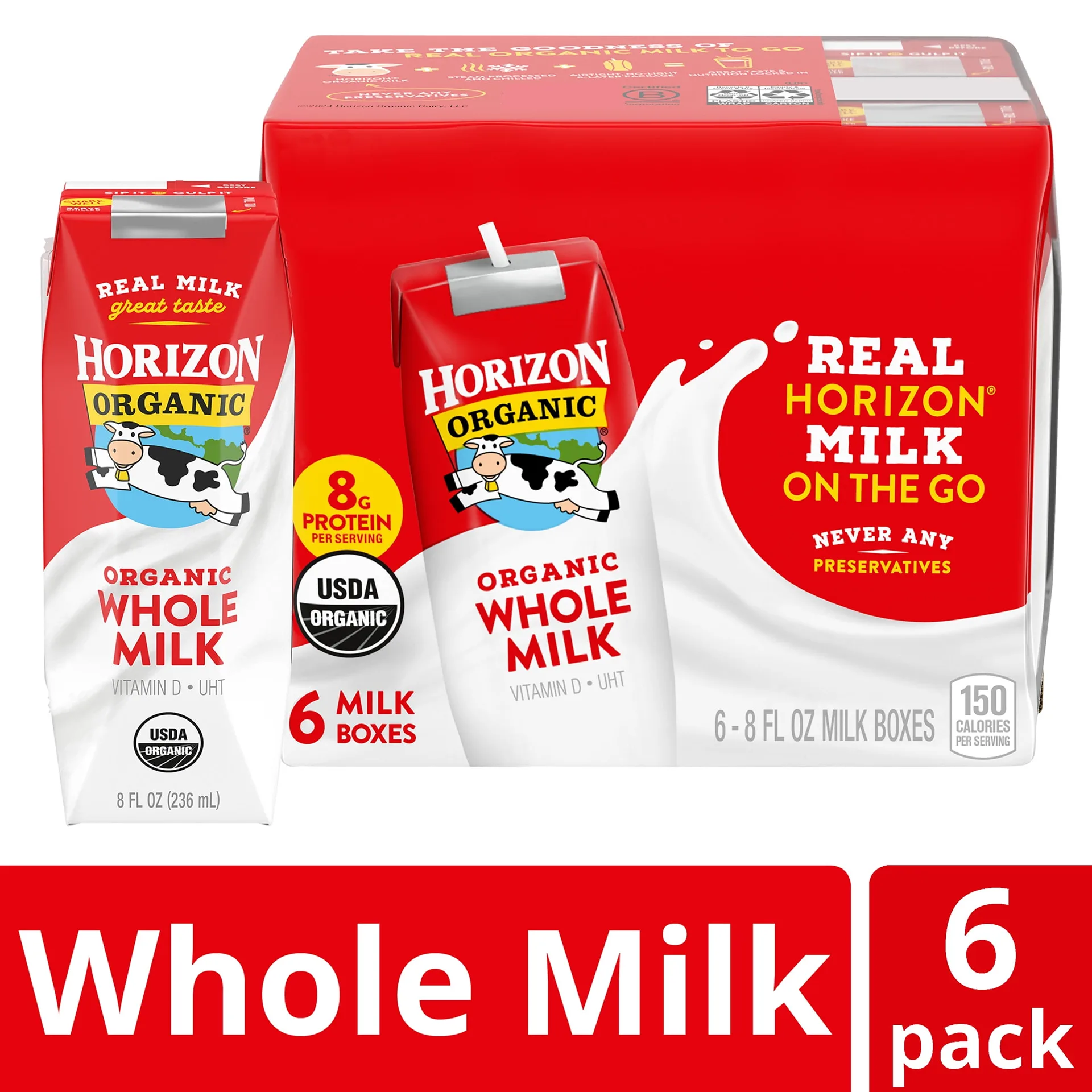 Horizon Organic Shelf-Stable Whole Milk Boxes | 8 fl Ounce | 6 Pack | Plain (Whole)