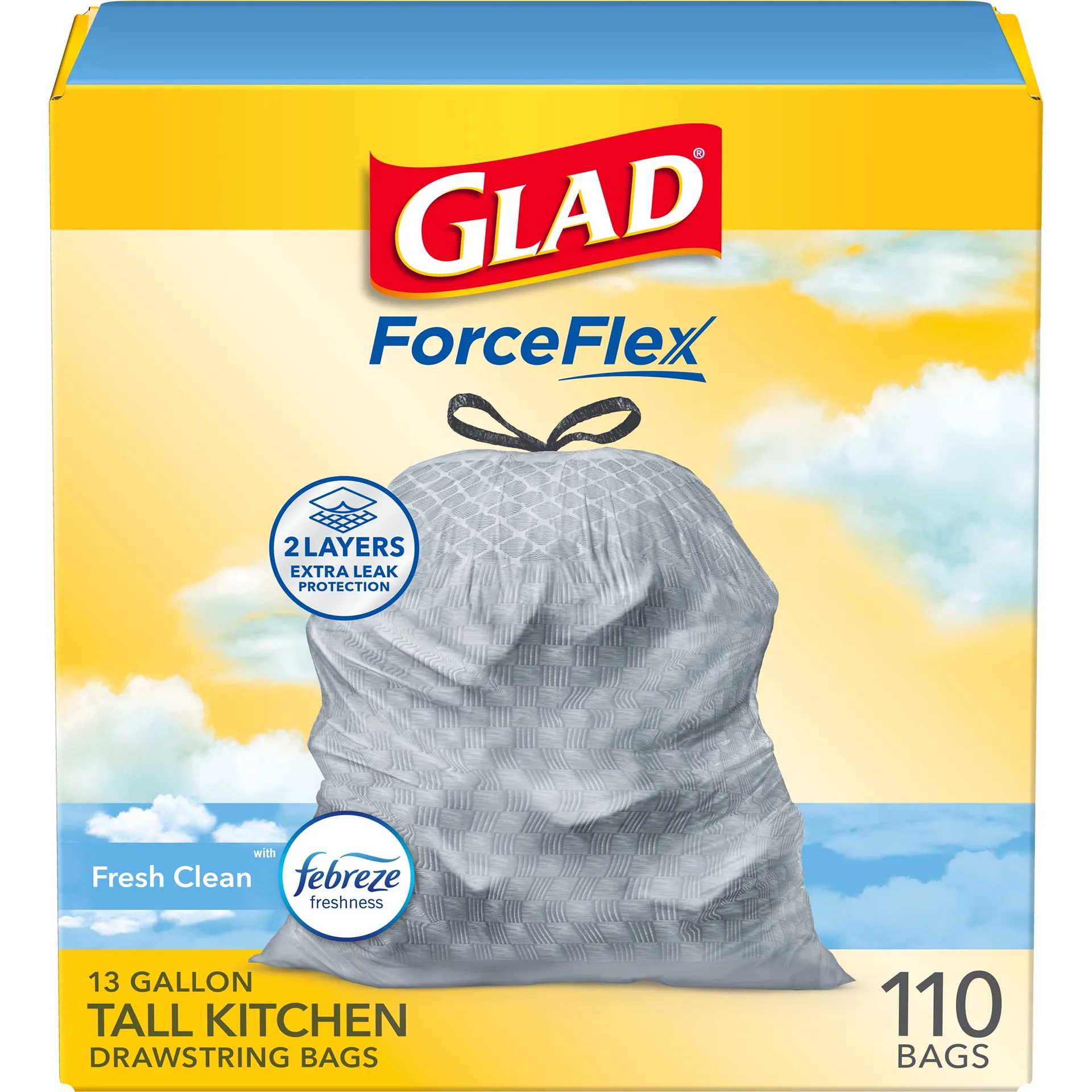 Glad ForceFlex Drawstring Trash Bags | 13 Gallon | Fresh Clean | 110 Count