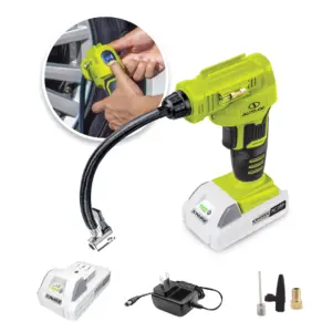 Auto Joe 24V Cordless Portable Air Compressor W/ Nozzle Adapters | 2.0-Ah Battery and Charger | Green