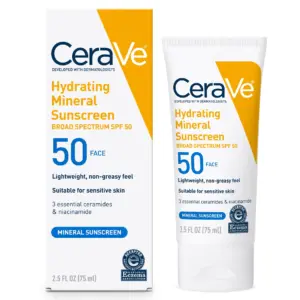 CeraVe Hydrating Mineral Sunscreen SPF 50 Face Lotion for Sensitive Skin | Kids and Adults | 2.5 Ounce