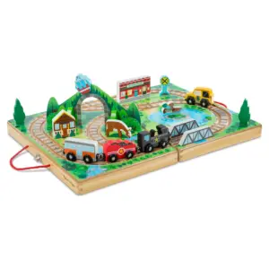 17-Piece Wooden Railroad Play Set with Storage Case | 3 Trains | Truck | Bridge and More | FSC Certified