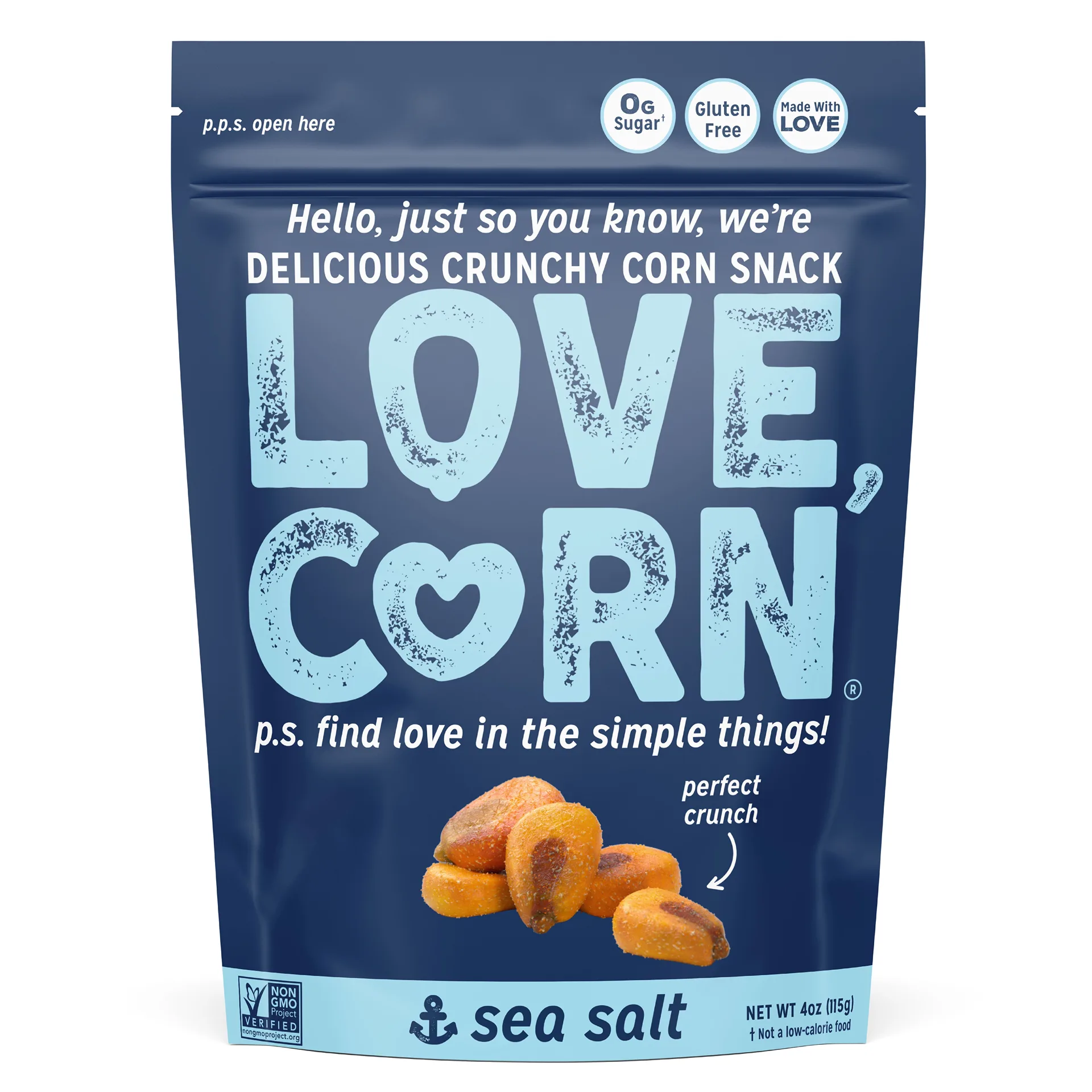 (2 pack) LOVE CORN: Sea Salt 4oz | Roasted Crunchy Corn | Gluten-Free | Plant based and Vegan | Healthy Snack | Low Calorie | Non GMO