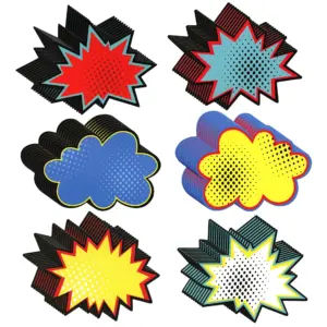 60 Pack Superhero-Themed Bulletin Board Cutouts 5x7 Inch Poster Decorations | Starburst Signs for Comic Book Birthday | School Supplies (6 Unique Designs)