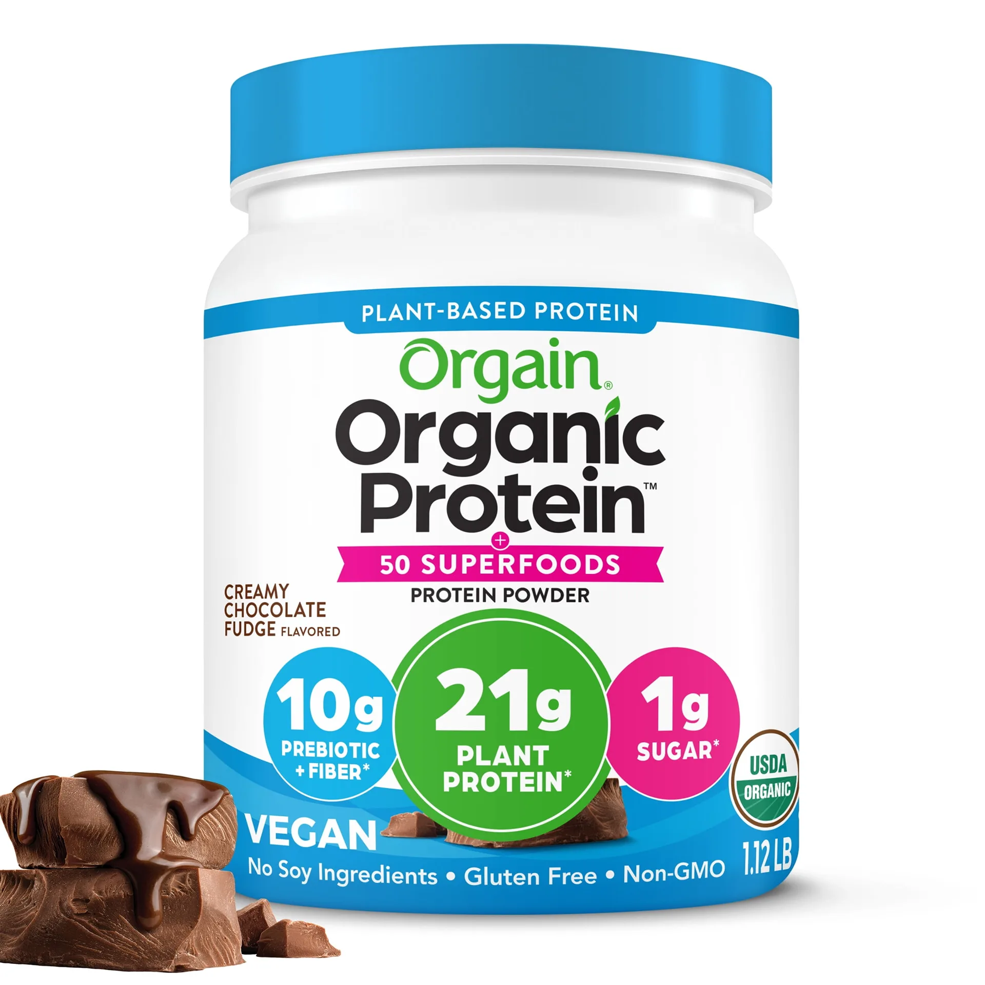 Orgain Organic Vegan 21g Protein Powder + 50 Superfoods | Plant Based Shake Drink | Chocolate 1.12lb | 18 Ounce