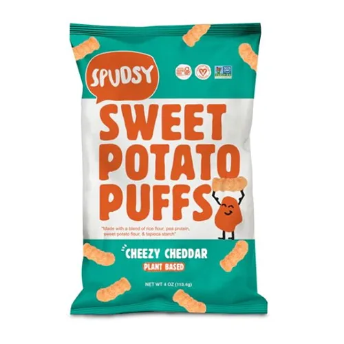 Spudsy Sweet Potato Puffs | Cheesy Cheddar | Shelf-Stable | 4 Ounce Bag | Single